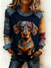 Women's Art Dog Denim Patchwork Sweatshirt
