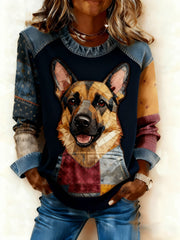 Women's Art Dog Denim Patchwork Sweatshirt gracestitchs