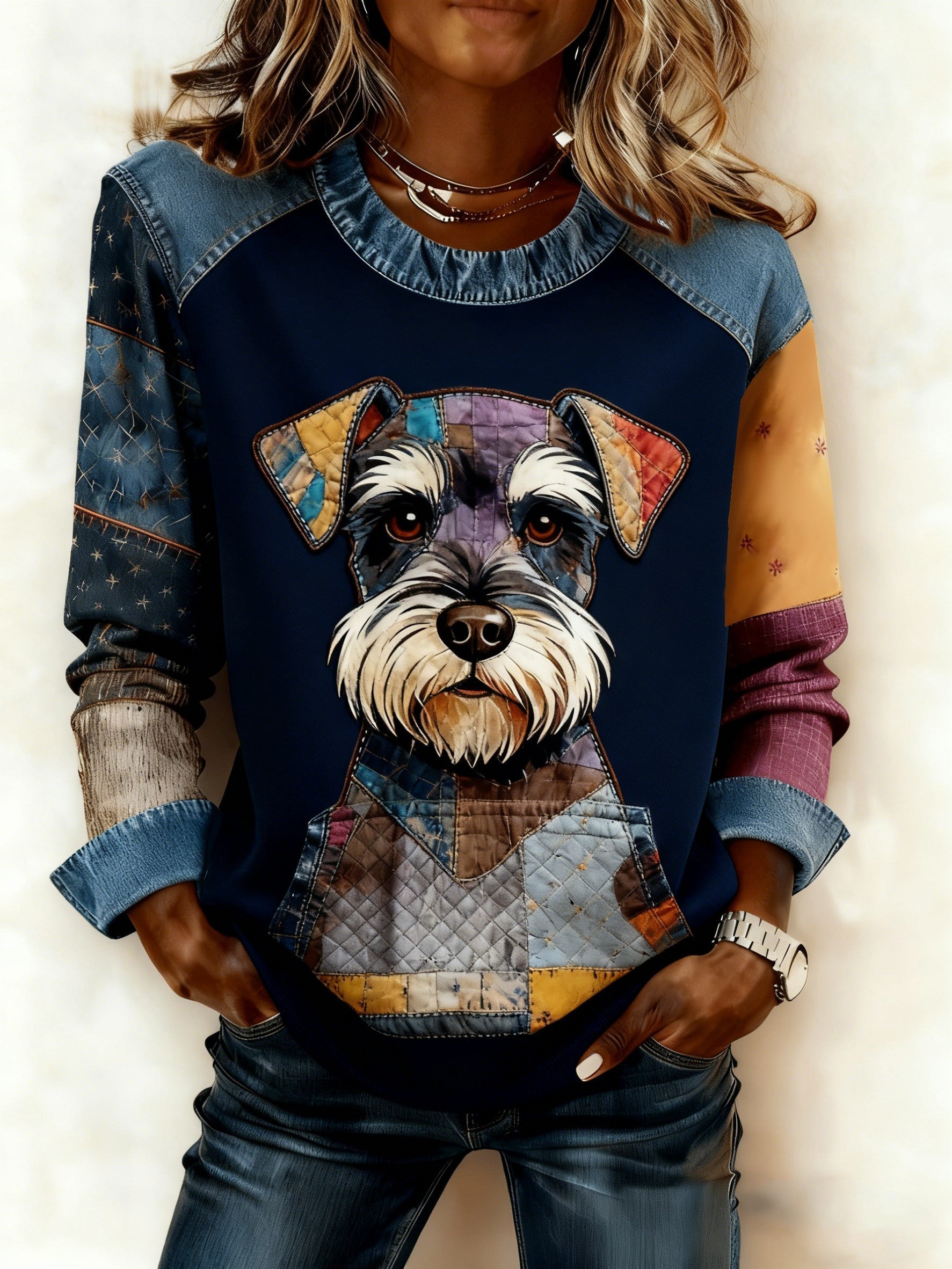 Women's Art Dog Denim Patchwork Sweatshirt gracestitchs