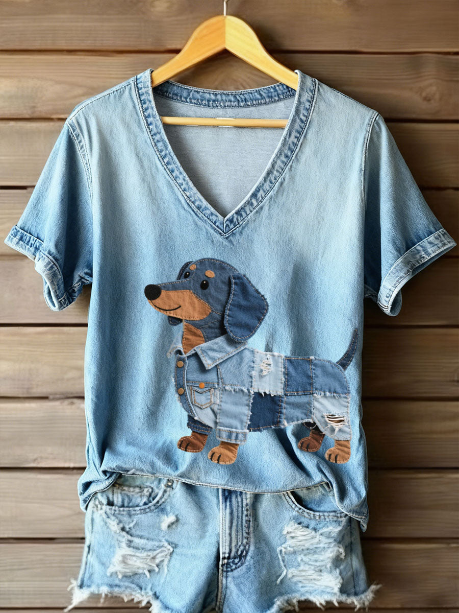 Women's Denim Patchwork Art Dachshund Pattern V-Neck T-Shirt gracestitchs