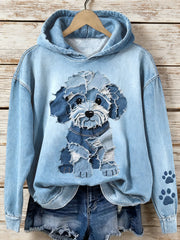 Women's Denim Patchwork Art Lovely Dog Pattern Hoodie gracestitchs