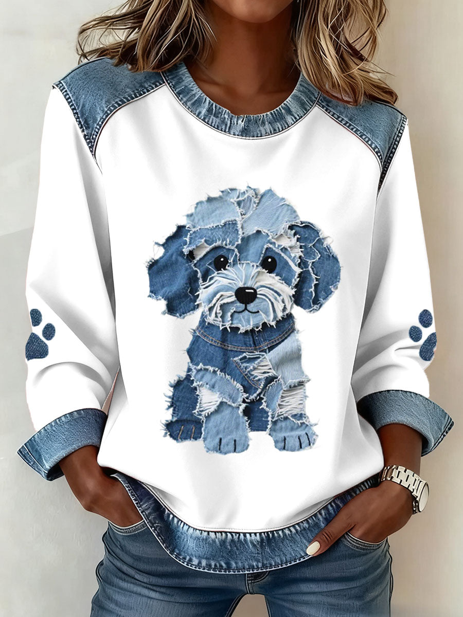 Women's Lovely Furry Dog Pattern Denim Patchwork Art Sweatshirt gracestitchs