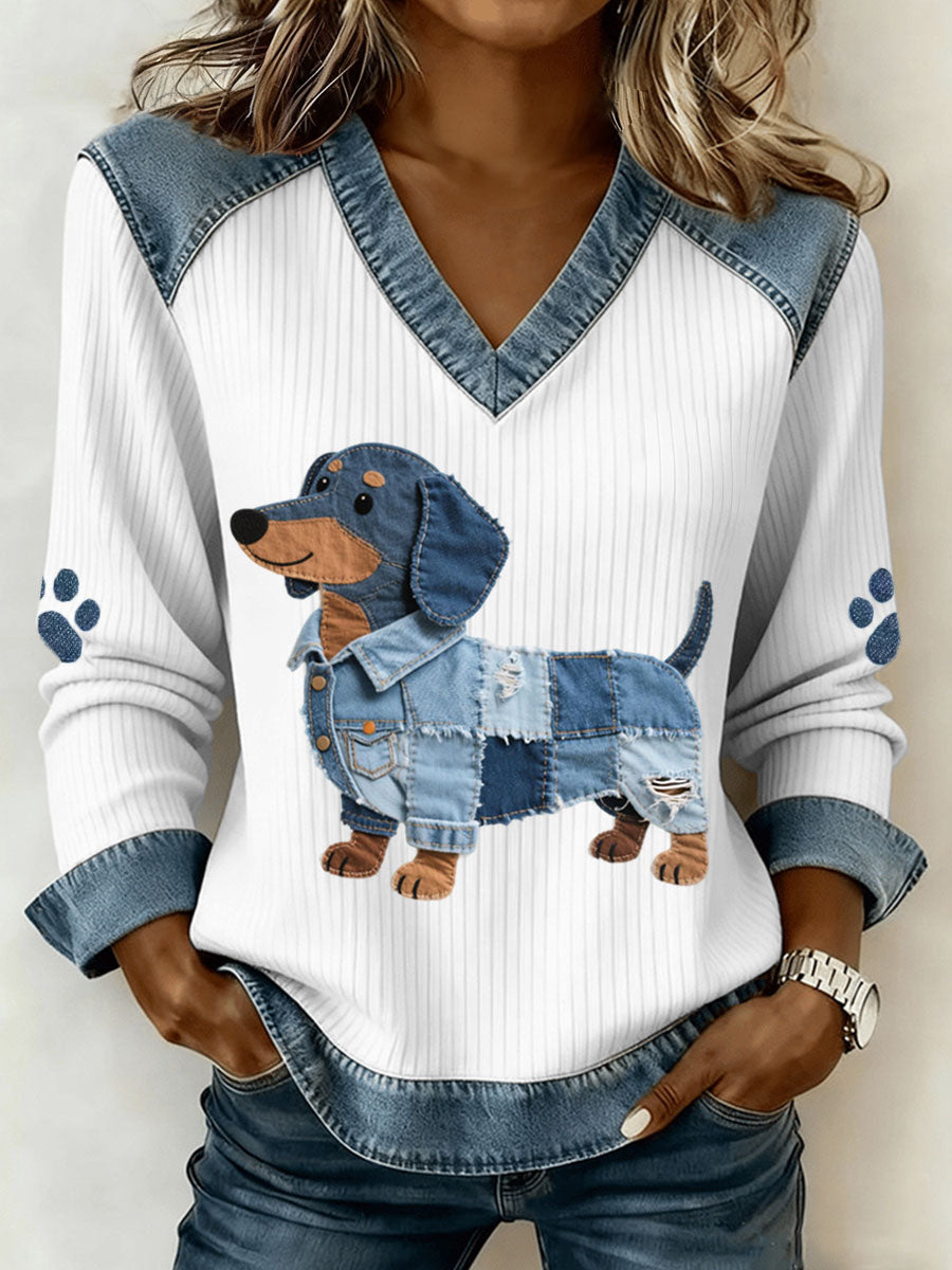 Women's Cute Dachshund Pattern Denim Patchwork Art V-Neck Top gracestitchs