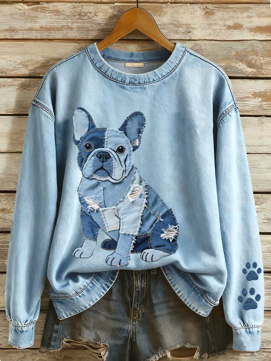 Women's Denim Patchwork Art French Bulldog Pattern Sweatshirt gracestitchs