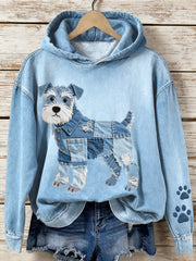 Women's Denim Patchwork Art Schnauzer Dog Pattern Hoodie gracestitchs