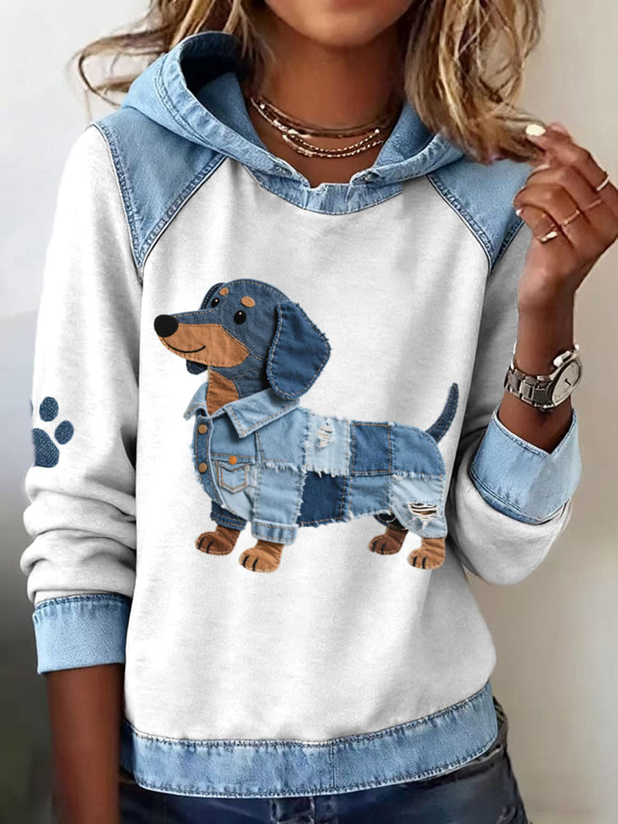 Women's Dachshund Pattern Denim Patchwork Art Hoodie gracestitchs