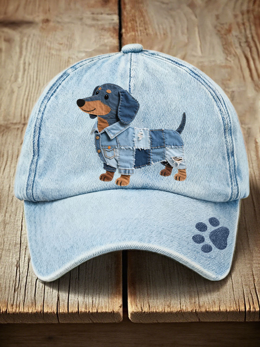 Unisex Denim Patchwork Dachshund Pattern Hat gracestitchs