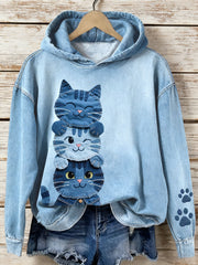 Women's Denim Patchwork Art Cat Pattern Hoodie gracestitchs