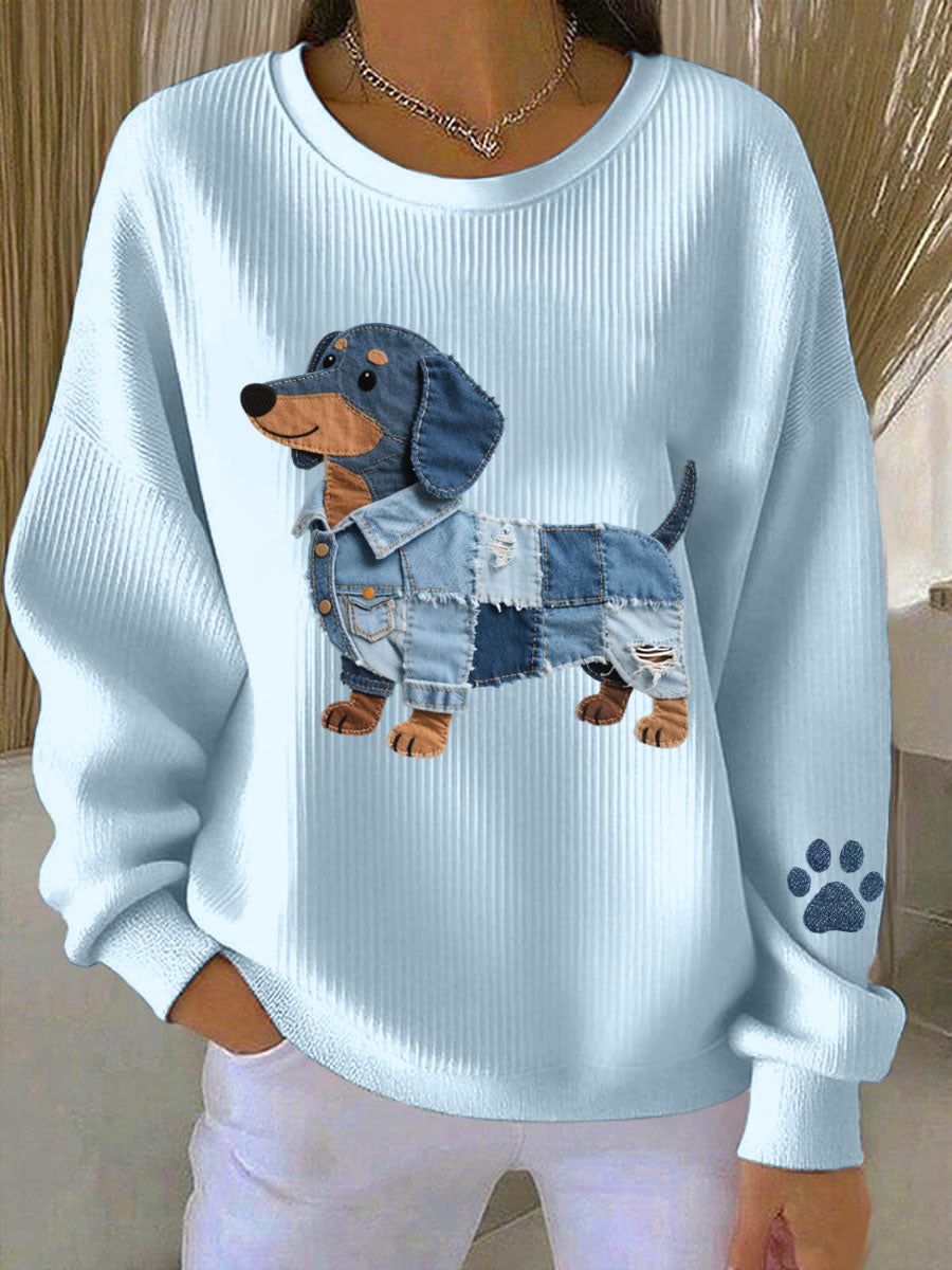 Women's Denim Patchwork Art Dachshund Pattern Sweatshirt gracestitchs