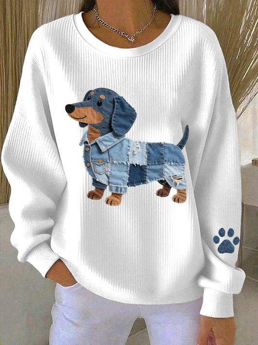 Women's Denim Patchwork Art Dachshund Pattern Sweatshirt gracestitchs
