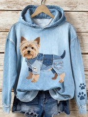 Women's Denim Patchwork Art Yorkshire Terrier Dog Pattern Hoodie gracestitchs