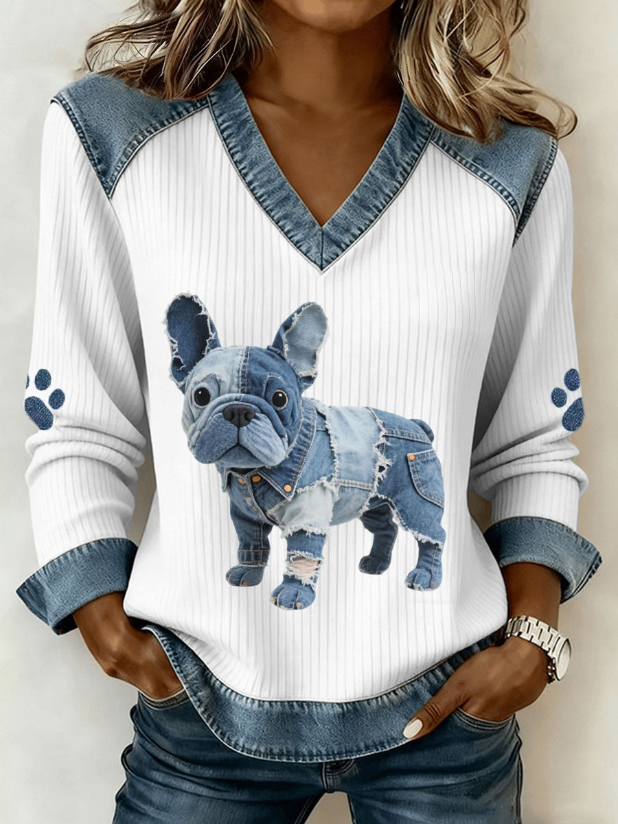Women's French Bulldog Pattern Denim Patchwork Art V-Neck Top gracestitchs