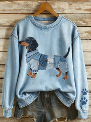 Women's Denim Patchwork Art Dachshund Pattern Sweatshirt gracestitchs