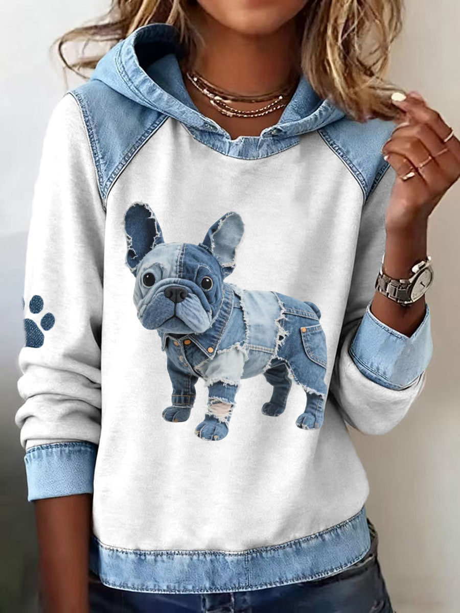 Women's French Bulldog Pattern Denim Patchwork Art Hoodie gracestitchs