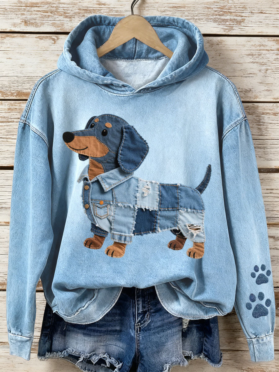 Women's Denim Patchwork Art Dachshund Pattern Hoodie gracestitchs