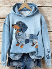 Women's Denim Patchwork Art Dachshund Pattern Hoodie gracestitchs