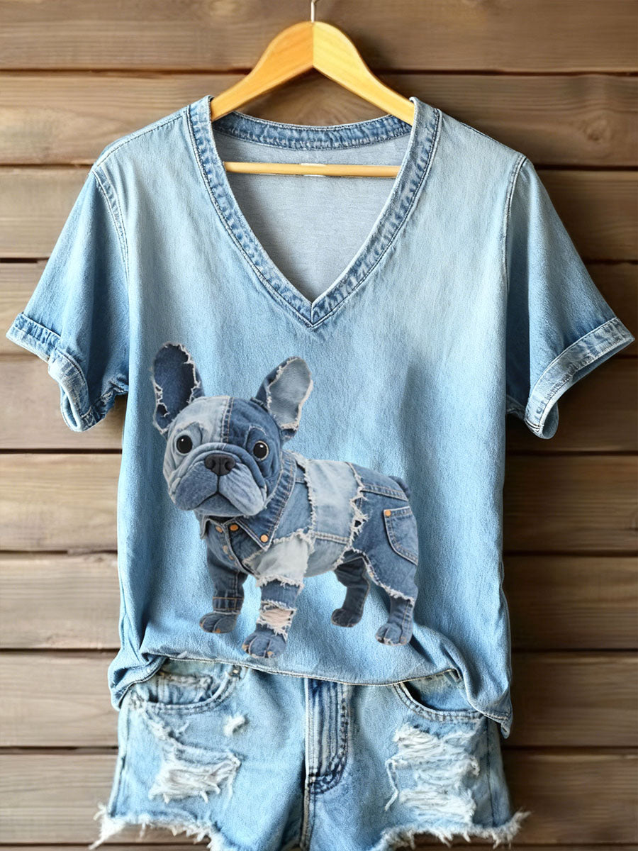 Women's Denim Patchwork Art French Bulldog Pattern V-Neck T-Shirt gracestitchs