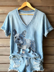 Women's Denim Patchwork Art French Bulldog Pattern V-Neck T-Shirt gracestitchs