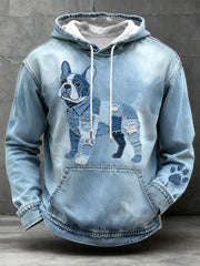 Men's Denim Patchwork Art French Bulldog Pattern Hoodie