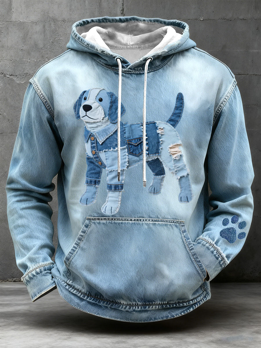 Men's Denim Patchwork Art Beagle Dog Pattern Hoodie gracestitchs
