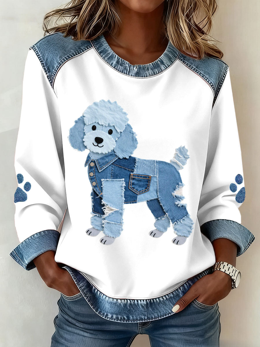 Women's Lovely Poodle Dog Pattern Denim Patchwork Sweatshirt gracestitchs