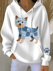 Women's Lovely Yorkshire Terrier Dog Denim Patchwork Pattern Hoodie gracestitchs