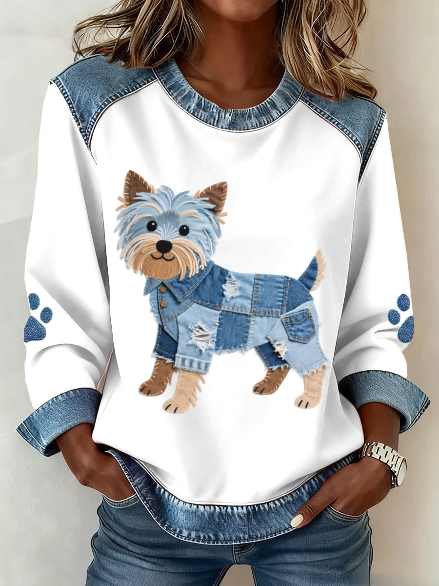 Women's Lovely Yorkshire Terrier Dog Pattern Denim Patchwork Sweatshirt gracestitchs