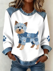 Women's Lovely Yorkshire Terrier Dog Pattern Denim Patchwork Sweatshirt gracestitchs
