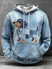 Men's Denim Patchwork Art Dachshund Pattern Hoodie gracestitchs