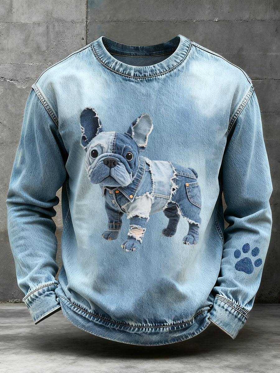 Men's Denim Patchwork Art French Bulldog Pattern Sweatshirt gracestitchs