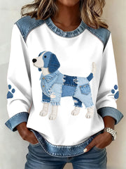 Women's Lovely Beagle Dog Pattern Denim Patchwork Sweatshirt gracestitchs