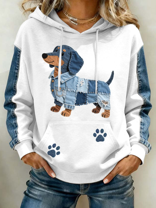 Women's Lovely Dachshund Pattern Denim Patchwork Art Hoodie gracestitchs