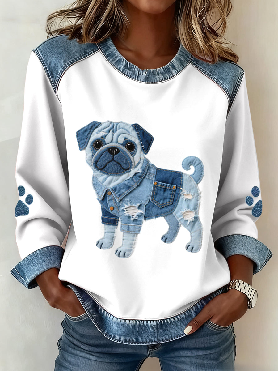 Women's Lovely Pug Dog Pattern Denim Patchwork Art Sweatshirt gracestitchs