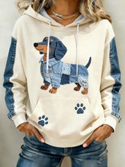 Women's Lovely Dachshund Pattern Denim Patchwork Art Hoodie gracestitchs