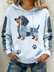 Women's Lovely Dachshund Pattern Denim Patchwork Art Hoodie gracestitchs