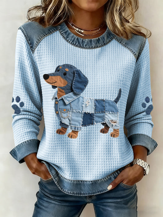 Women's Lovely Dachshund Pattern Denim Patchwork Art Sweatshirt gracestitchs