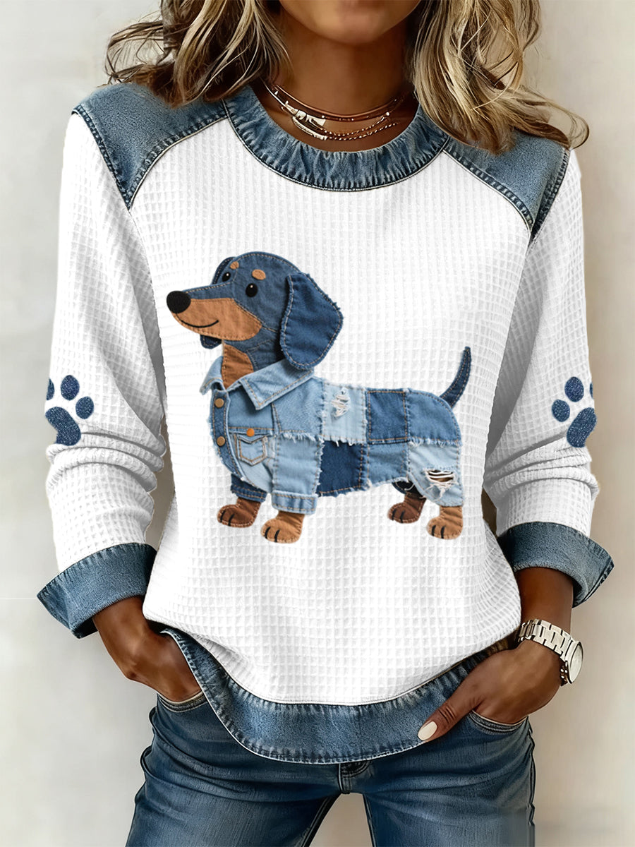 Women's Lovely Dachshund Pattern Denim Patchwork Art Sweatshirt gracestitchs