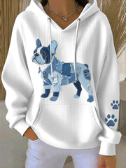 Women's Denim Patchwork Art French Bulldog Pattern Hoodie gracestitchs