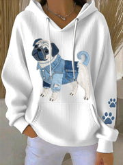 Women's Denim Patchwork Art Pug Dog Pattern Hoodie gracestitchs