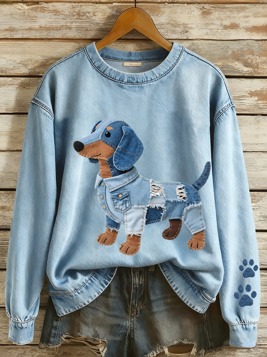 Women's Denim Patchwork Art Dachshund Pattern Sweatshirt gracestitchs