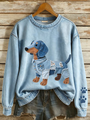 Women's Denim Patchwork Art Dachshund Pattern Sweatshirt gracestitchs