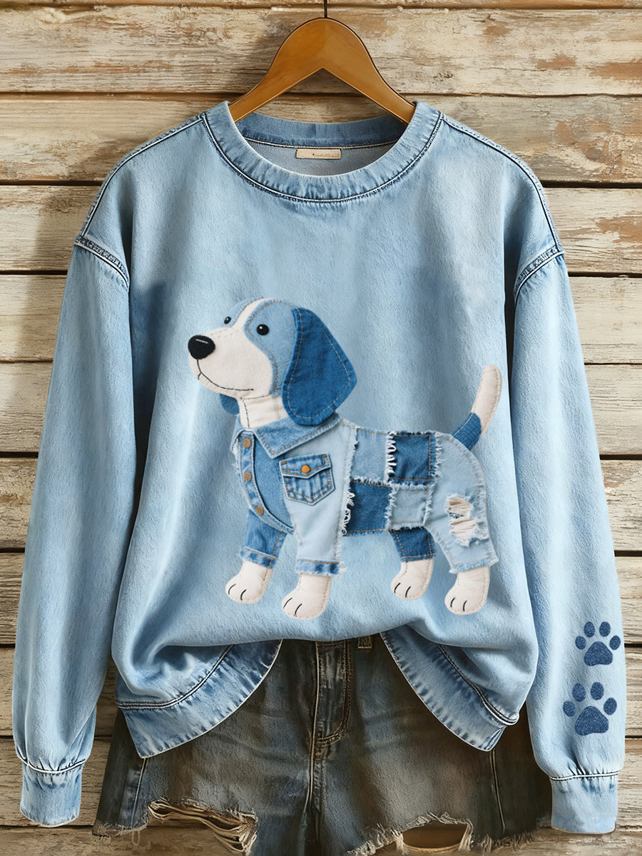 Women's Denim Patchwork Art Beagle Dog Pattern Sweatshirt gracestitchs