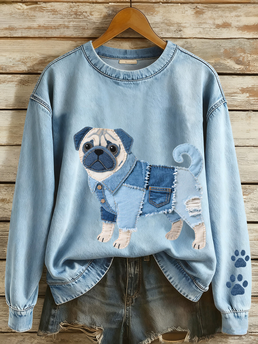 Women's Denim Patchwork Art Pug Dog Pattern Sweatshirt gracestitchs
