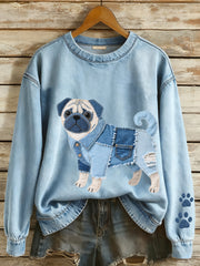 Women's Denim Patchwork Art Pug Dog Pattern Sweatshirt gracestitchs