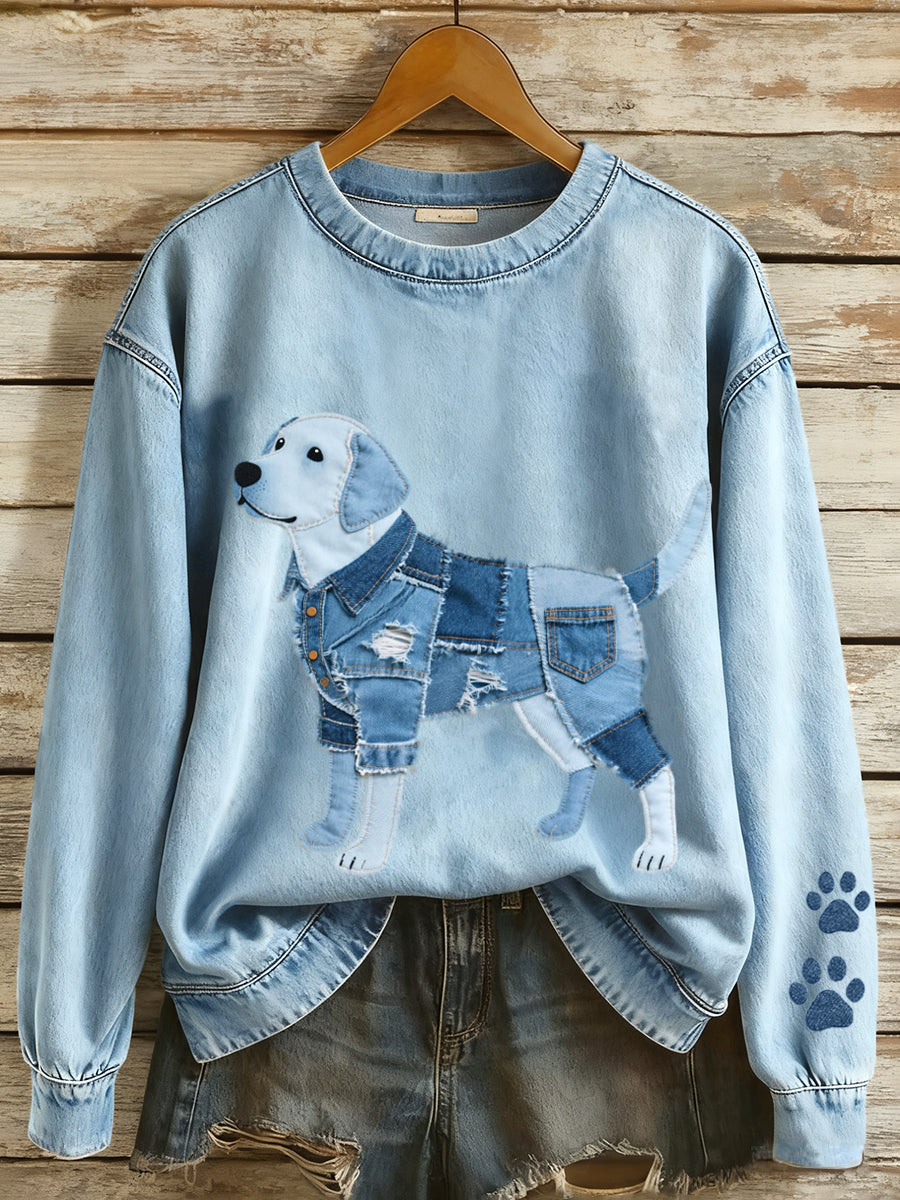 Women's Denim Patchwork Art Labrador Retriever Pattern Sweatshirt gracestitchs