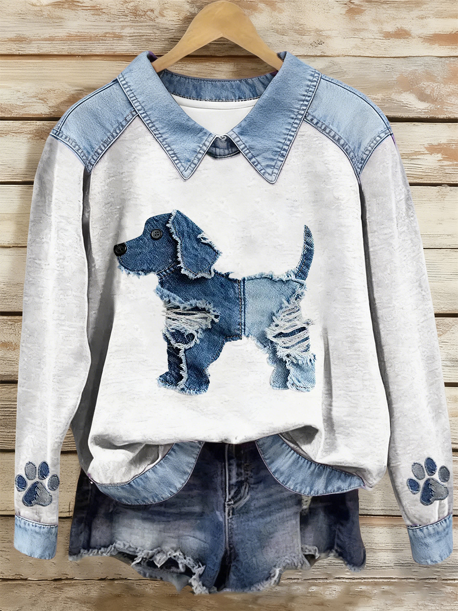 Women's Dog Art Print Casual Top gracestitchs
