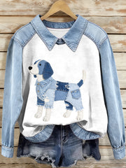 Women's Denim Patchwork Beagle Dog Pattern Sweatshirt gracestitchs