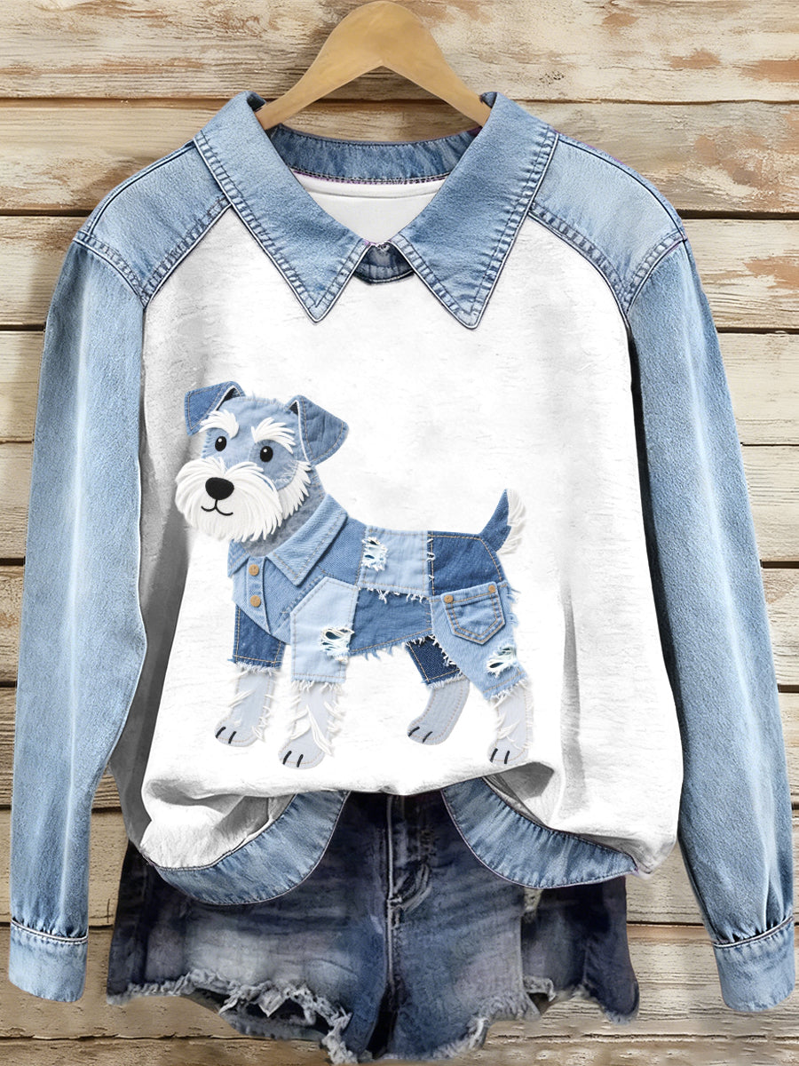 Women's Denim Patchwork Schnauzer Dog Pattern Sweatshirt gracestitchs