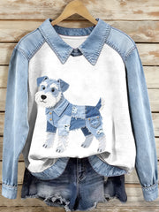 Women's Denim Patchwork Schnauzer Dog Pattern Sweatshirt gracestitchs