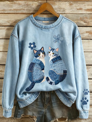 Women's Denim Patchwork Cats Pattern Sweatshirt gracestitchs